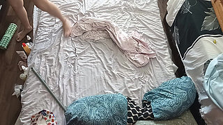 Foreplay in the Bedroom with an Amateur Couple. Amateur MILF Does Naked Yoga, Hairy Pussy, Big Ass, Big Tits.