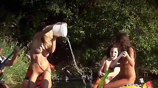 Big boobed badass Nicole Hollister and her GFs flashing tits during rafting
