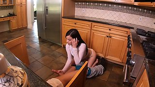Skinny stepdaughter reaches big cock in the kitchen - SpyFam
