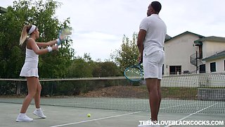 busty august ames flirting with her tennis couch