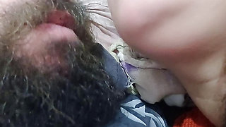 Naughty tongue POV dancing in a sexy and exciting kiss with the slut jerking off his hard cock