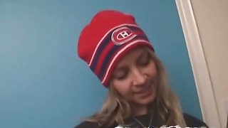 French blonde hottie stripping her hockey jersey