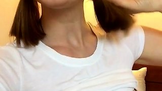 Busty curly brunette with big boobs fucks on couch