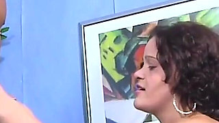 Curly chick sucks huge cock, fucks and does cum in mouth