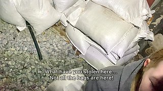 Security Guard Caught Redhead and Punished Her with Pussy Fucking on the Street