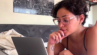 Horny college student has to cum while studying