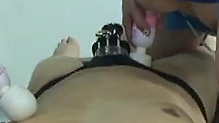 Female Instructors Put Duct Tape Over Slave's Mouth and Put a Chastity Belt on Him for Tease and Denial Fun