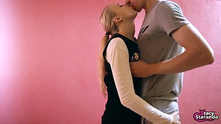 New school blonde teen Alice Novak enjoys tight pussy munching and cum swallowing