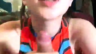 Big tit brunette sucks a big cock blowjob POV
