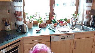 Granny Stretches Her Pussy in the Kitchen with a Cucumber and Play with a Real Dick After