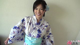 Japanese lady with big titties in kimono Saki Aoyama sucks dick outdoors uncensored.