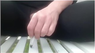 Smoking Cigarette In Black Pantyhose Outside Make Hole For My Clit And Turn Off Cigaret By My Pee