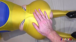 Spandexqueen Sucks Dick, Comes Hard And Jerks Him Off On Her Yellow Spandex Body