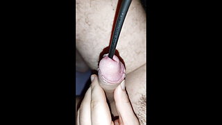 Playing with a Dilator, Stretching His Cock. Cumshot in Her Pussy