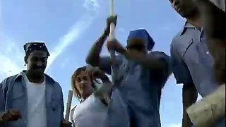 Outdoor gangbang with prisoners: Blowjob, Cumshot  Interracial Porn