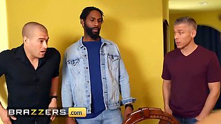 (Luna Star's) bf leaves behind valentine's day so she invites his homies (mick, xander) to a romantic dinner - brazzers