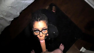 Thick black nerdy girl in glasses give a deepthroat blowjob