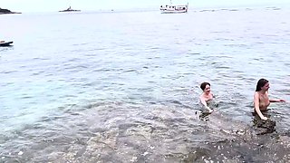 Horny GIrls Naked Sunbathing And Swimming On Island Vacation