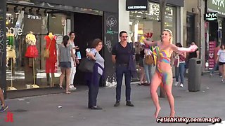 Busty blonde celebrates Pride on the streets