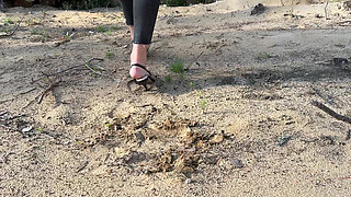 Black Classic Stiletto High Heels with No Back, 12 Cm Heels in the Forest, Deep in the Sand