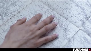 Skinny Brunette with a huge futanari dick penetrates hot Brunette MILF Little Puck