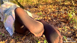 Fetishist's Trap: a Forest Nymph in Black Stockings Teases with Her Feet in an Autumn Forest (mp4 HD) Foot Fetish