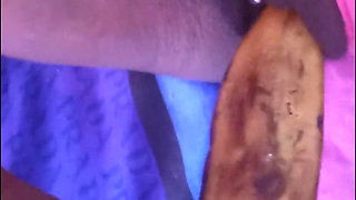 Fucking My Black Hairy Pussy with a Banana Load Moaning Orgasms