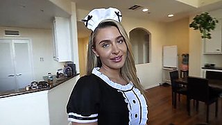 Stepsister in sexy maid outfit gives stepbrother a handjob and blowjob