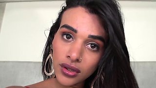 Transsexual beauty banged by big dick