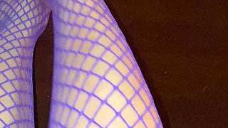 Really Sexy Legs with Tiny Feet with Long Toes in Purple Fishnet Stocking