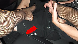 Horny wife in nylons gives handjob and footjob to stranger in car in public