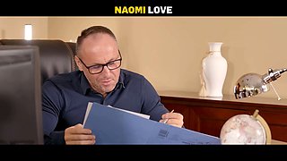 Watch Alove seduce a tattooed older man during a job interview and get her shaved pussy pounded