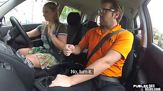 Big slut fucked by instructor outdoors in car in public