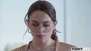 Nerdy dark haired with glasses, Sophia is holding her gams hiked high while having ass fucking fuckfest