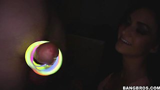 Sexy brunette Kendall Karson gives a handjob down on the knees