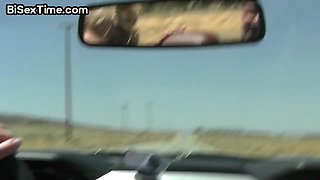 Busty bisexual babe nailed in car 3some in outdoor fuck