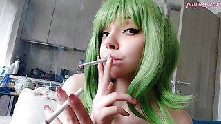 Cute Green Hair Egirl smoking 2 cigarettes at the same time (ask me for full vid)