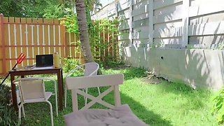 Watch a seductive petite girlfriend tease in the backyard with a hot outdoor fuck