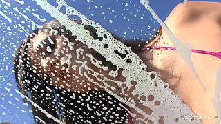 Outdoor car wash makes the brunette want to suck cock and get dicked down vigorously