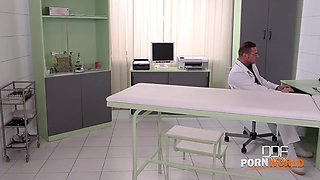 Voluptuous nurse Anna Polina gets big tits & tight ass fucked by two studs