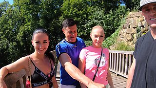 Two guys and a girl in an intense threesome sex session