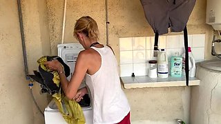 Neighbor's Surprise Sex - Blonde MILF Gets Cum Inside in Washing Machine Doggystyle