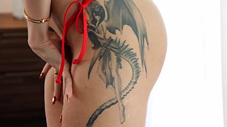 The tight pussy of the redhead Little Dragon barely fits a black cock