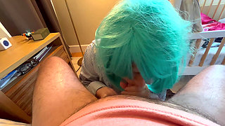 Green haired milf sucks cock