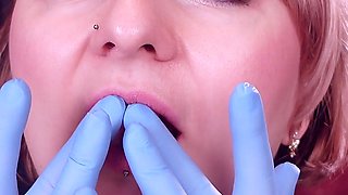 Face and Teeth Fetish Touch: Asmr Video in Blue Medical Mitrile Nurse Gloves. Arya Grander