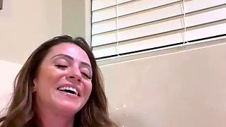 Busty curly brunette with big boobs fucks on couch