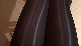 Glossy Black Pantyhose Layers & Shiny Gold Heels