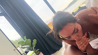 Latina girlfriend with big tits gives POV blowjob and rides cock