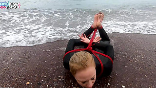 Hogtied in a Wetsuit - Rope Bondage Escape Challenge on the Beach