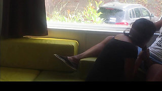 Camping risky public blowjob in front of an open window